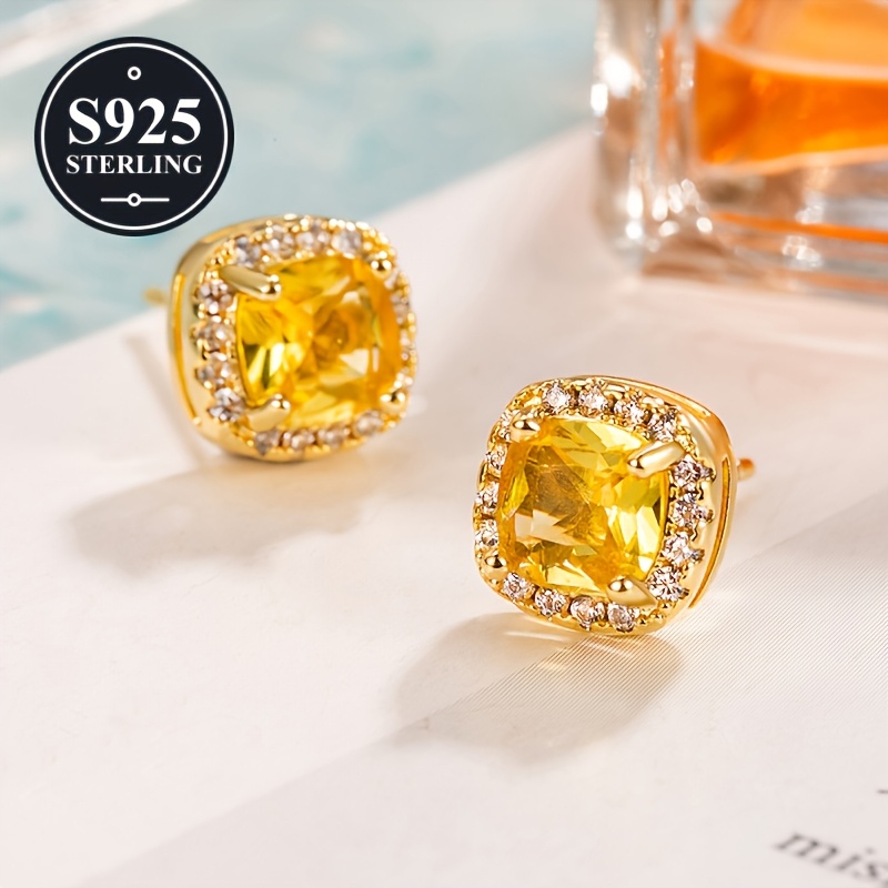 Women's 925 Hypoallergenic Golden Small Square Stud Earrings